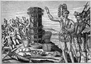 अमेरिका में फ्रांसीसी उपनिवेश: 1564 में फ्रांसीसी प्रोटेस्टेंट उपनिवेशों पर स्पेनिश हमलों की याद में फ्लोरिडियन रेने डी लॉडोनियर द्वारा स्मारक स्तंभ एरीगी को पसंद करते हैं। 16 वीं शताब्दी के उत्कीर्णन से। "ला मरीन एट लेस कॉलोनियों: वाणिज्य" में द्वारा फ्रेंच स्कूल