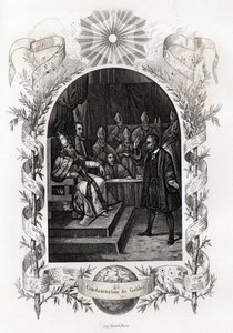 गैलीली (या गैलीलियो गैलीली (1564-1642)) वेटिकन में पवित्र कार्यालय से पहले"" खगोलविद को 1632 में इनक्विजिशन ट्रिब्यूनल द्वारा सजा सुनाई गई थी। मौरिस लाचत्रे (1814-1900), लाइब्रेरी डू प्रोग्रेस द्वारा हिस्टोइरे डेस पोप्स को चित्रित करने के लिए उत् द्वारा फ्रेंच स्कूल