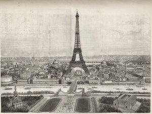 1889 में पेरिस में विश्व मेले का सामान्य दृश्य ट्रोकाडेरो से एफिल टॉवर के साथ, उत्कीर्णन - 1889 में पेरिस में एफिल टॉवर के साथ विश्व मेले का सामान्य दृश्य, ले मोंडे में उत्कीर्णन शानदार डे 1889 द्वारा फ्रेंच स्कूल