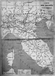 1860 में मध्य इटली के डचेस का भौगोलिक मानचित्र। 7 जनवरी 1860 के n°143 में "" ले मोंडे इलस्ट्र्रे" में उत्कीर्णन। द्वारा फ्रेंच स्कूल