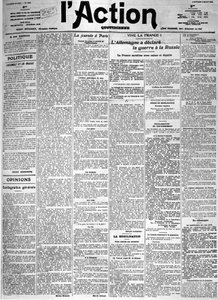 जर्मनी ने रूस पर युद्ध की घोषणा की - 02/08/1914 के दैनिक "एल'एक्शन" का मुख्य पृष्ठ, फोटोग्राफ, कोल। सेल्वा द्वारा फ्रेंच स्कूल