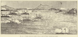 टौलॉन के बंदरगाह में 1891 के प्रमुख नौसैनिक युद्धाभ्यास; स्क्वाड्रन बल पास (उत्कीर्णन) द्वारा फ्रेंच स्कूल