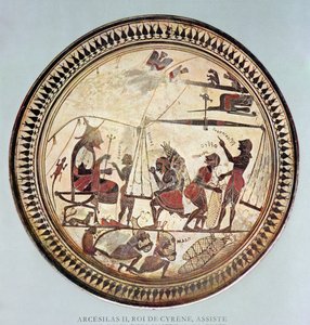 ग्रीक कप अरिसिलस II, साइरेन के राजा (c.560-550 ईसा पूर्व) को दर्शाते हुए, सिल्फ़ियम के वजन और लोडिंग को देखते हुए, ईसा पूर्व 6 वीं शताब्दी की नकल द्वारा फ्रेंच स्कूल