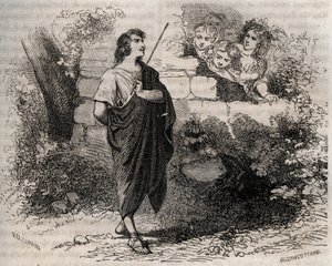 ग्रीक पौराणिक कथाओं: बाकिस और उसके दोस्त गाइज को बहकाने की कोशिश करते हैं जो मना कर देता है और अपनी मृत पत्नी के प्रति वफादार रहता है। हेनरी डी कॉक (1819-1892) द्वारा "हिस्टोइरे डेस कोकस सेलेब्रस" में 1871 से उत्कीर्णन। द्वारा फ्रेंच स्कूल