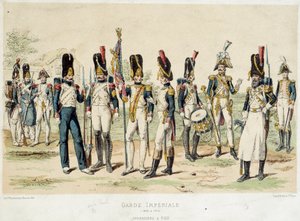 ग्रेनेडियर्स नेपोलियन I के इंपीरियल गार्ड का एक पैर (1804 और 1814 के बीच)। 19वीं सदी की नक्काशी। पेरिस, सजावटी कला द्वारा फ्रेंच स्कूल