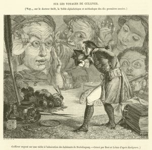 गुलिवर ने ब्रोबडिंगनाग (उत्कीर्णन) के निवासियों की प्रशंसा के लिए एक मेज पर प्रदर्शन किया द्वारा फ्रेंच स्कूल