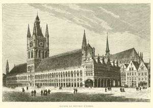 Ypres का मार्केट हॉल और घंटाघर (उत्कीर्णन) द्वारा फ्रेंच स्कूल