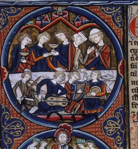 हार्ले 1527 fol.36v संगीतकारों के साथ भोज, #39;बाइबल मोरालिसी#39; से, पेरिस, c.1240 (वेल्लम) द्वारा फ्रेंच स्कूल