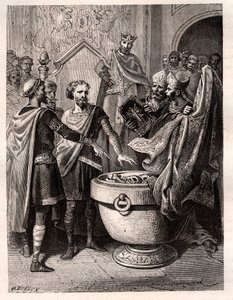 हेरोल्ड II (1020-1066) 1064 में अंतिम एंग्लो सैक्सन किंग का ताज, विलियम I द कॉन्करेंट से पहले पवित्र अवशेषों पर शपथ ली, एडवर्ड की मृत्यु पर इंग्लैंड के सिंहासन पर अपने कारण का समर्थन करने के लिए, लगभग 1064 (हेरोल्ड ने शपथ ली। पवित्र अवशेष ( द्वारा फ्रेंच स्कूल