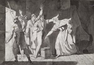 वेंडियन लुटेरों का सामना करने वाली एक महिला की वीरता, संत-मिथियर, 1793 का नियंत्रण हासिल करना द्वारा फ्रेंच स्कूल