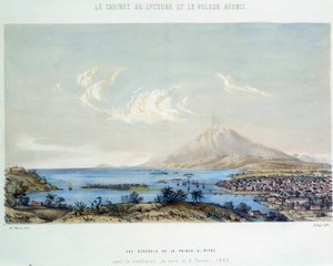 फ्रांसीसी उपनिवेशों का इतिहास: 8/02/1843 के भूकंप से पहले गुआदेलूप (एंटिल्स) में पॉइंट ए पित्रे (प्वाइंट-ए-पित्रे) का सामान्य दृश्य द्वारा फ्रेंच स्कूल