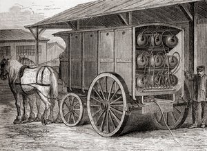 19वीं शताब्दी में लेस मर्वेल्स डे ला साइंस से प्रकाशित सी.1870 (उत्कीर्णन) से, घोड़े से खींचे गए वाहन का उपयोग पोर्टेबल कंटेनरों में संपीड़ित गैस के परिवहन के लिए किया जाता है। द्वारा फ्रेंच स्कूल