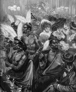 मानव चिड़ियाघर: 1879 में पेरिस में कैबरे डेस फोलीज़ बर्गेरेस (फोलिस-बर्गेरेस) में एक लॉज में प्रदर्शित ज़ुलु योद्धा। 21 नवंबर 1879 को "ले मोंडे इलस्ट्रे" एन ° 1178 में उत्कीर्णन। द्वारा फ्रेंच स्कूल