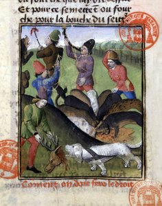 शिकार का दृश्य: कुत्तों के झुंड के लिए हिरण का हिस्सा - "" द हंटिंग बुक ऑफ गैस्टन फोबस, काउंट ऑफ फॉक्स, लॉर्ड ऑफ बियरन" में द्वारा फ्रेंच स्कूल