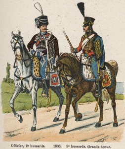 हुसर्स प्रथम विक्रेता एक बारहवीं (24 सितंबर 1803): 1806 में महान पोशाक में अधिकारी, दूसरा हुसर्स और 9वीं हुसर्स। लियनहार्ट और हम्बर्ट द्वारा लेस यूनिफॉर्म डी एल'आर्मी फ़्रैंचाइज़ पुस्तक से प्लेट द्वारा फ्रेंच स्कूल