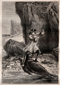 मैंने अपनी कुदाल उसके सीने में झोंक दी: वुड्स रोजर्स (1679-1732) ने 1709 में प्रशांत महासागर में गैलापागोस द्वीपों में से एक पर एक समुद्री कुत्ते (सील) द्वारा हमला किया - "18 वीं शताब्दी के महान नाविक" से लिया गया चित्रण। द्वारा फ्रेंच स्कूल