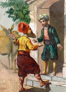 हजार और एक रात की कहानियों के लिए चित्रण। कप्तान, एक तेल व्यापारी के रूप में निराश और 19 खच्चरों द्वारा पीछा किया गया, प्रत्येक दो बड़े फूलदानों को लोड करता है, अली-बाबा (अली बाबा) का आतिथ्य मांगता है। 1890 के आसपास क्रोमोलिथोग्राफी। द्वारा फ्रेंच स्कूल