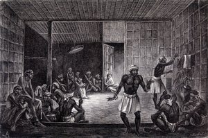 "ले टूर डू मोंडे" के 1862 संस्करण में प्रकाशित चित्रण बोर्नियो द्वीप पर दयाक द्वारा अभ्यास किए गए भूत भगाने के एक सत्र को दर्शाता है। उत्कीर्णन। द्वारा फ्रेंच स्कूल