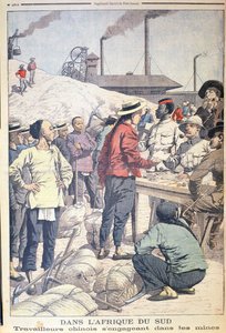 1904 में चीनी मजदूरों को दक्षिण अफ्रीका की सोने की खदानों में काम करना, ले पेटिट जर्नल, 1904 से चित्रण