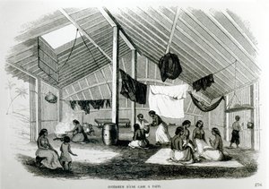1848 में यूजीन डेलेसेर्ट द्वारा The ट्रैवल्स इन द टू ओचेन्स ’से एक ताहितन हट के अंदर द्वारा फ्रेंच स्कूल