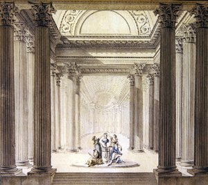 पुण्य के मंदिर का आंतरिक भाग, c.1770 (कागज पर जल रंग के साथ कलम और स्याही) द्वारा फ्रेंच स्कूल