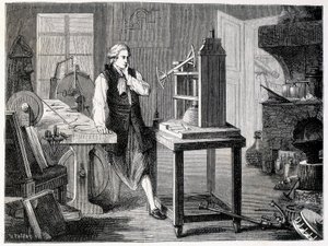 जेम्स वाट न्यूकॉमन्स मशीन (1767) की पूर्णता का अध्ययन कर रहे हैं - "" एल्बम ऑफ साइंस में; प्रसिद्ध विद्वान; महान खोजें ”” 1896। द्वारा फ्रेंच स्कूल