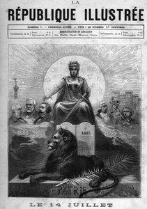 14 जुलाई: एलेगोरी डे ला रिपब्लिक फ़्रैन्काइज़। एक महिला ने ताज पहनाया और तलवार पकड़े हुए। उनके चरणों में एक सिंह, एक हथेली और कानून की मेज। इसके ऊपर गणतंत्र का आदर्श वाक्य "" लिबर्टे, समानता, बंधुत्व "" है। बाधाओं पर, बौद्धिक और राजनीति द्वारा फ्रेंच स्कूल