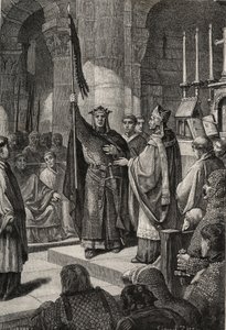 किंग लुई VII (1120-1180) एक्विटाइन की रानी एलियन की उपस्थिति में सेंट डेनिस (सेंट डेनिस) के बेसिलिका में ओरिफ्लेम लेता है और पोप यूजीन III (? -1153) के हाथों से पेलेरिन की भौंरा और पैनेटियर प्राप्त करता है। उनके जाने से पहले द्वारा फ्रेंच स्कूल