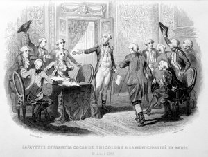 La Fayette (Lafayette) पेरिस की नगर पालिका (31 अगस्त 1789) को कोकार्ड तिरंगा भेंट करते हुए - "Fastes de Gardes Nationales de France" में द्वारा फ्रेंच स्कूल