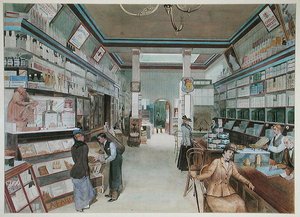 इंग्लैंड में बड़ी किराना दुकान, c. 1900 (कागज पर जल रंग) द्वारा फ्रेंच स्कूल
