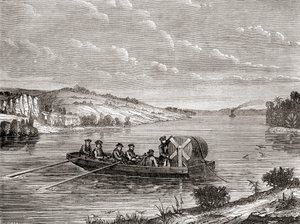 एक अमेरिकी नदी के नीचे एक टेलीग्राफ केबल बिछाना c.1860, Les Merveilles de la Science से प्रकाशित c.1870 (उत्कीर्णन) द्वारा फ्रेंच स्कूल