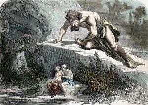 "ले साइक्लोप्स पॉलीफेम सरप्राइज़ गैलेटी एट एसिस" (उत्कीर्णन) 1864 द्वारा फ्रेंच स्कूल
