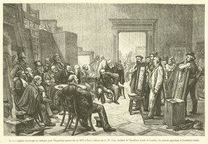 पेरिस में 1878 की सार्वभौमिक प्रदर्शनी के लिए चित्रों का चयन करने वाली अंग्रेजी जूरी (उत्कीर्णन) द्वारा फ्रेंच स्कूल
