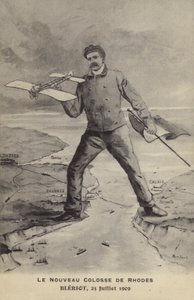 द न्यू कोलोसस ऑफ़ रोड्स, ब्लेरियट, 25 जुलाई 1909 (लिथो) द्वारा फ्रेंच स्कूल