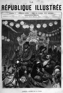 लियोन गैम्बेटा (1838-1882) ने पेरिस में प्लेस डे ला रिपब्लिक पर प्रतिमा का स्वागत किया। एक अखबार। 1880 से "ला रिपब्लिक इलस्ट्री" निजी संग्रह में उत्कीर्णन। द्वारा फ्रेंच स्कूल