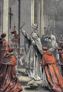 लियोन XIII, ne Vincenzo Gioacchino Raffaele Luigi Pecci (1810-1903), कैथोलिक चर्च के 256 वें पोप, एक सुनहरे हथौड़े का हथियार, 24 दिसंबर 1899 को वेटिकन के सेंट पीटर (सेंट पीटर) में जयंती का द्वार खोलता है। "" ले पेलेरिन 31/12/1899 में उत्कीर्णन। द्वारा फ्रेंच स्कूल