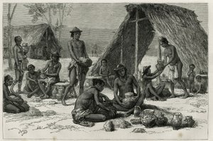 1876-1877 में फ्रांसीसी नौसेना के डॉक्टर डॉ. जूल्स क्रेवॉक्स द्वारा गुआना के आंतरिक भाग में अन्वेषण की यात्रा को चित्रित करने के लिए डी.मेलर्ट द्वारा उकेरी गई मिट्टी के बर्तन बनाने वाले लेस इंडियंस गैलीबिस (या कलिनास), टूर डू मोंडे में प्रकाशित हुए। , दिशा द्वारा फ्रेंच स्कूल