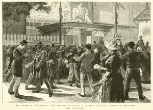 प्रदर्शनी का परिवेश, पोर्ट टूरविले में टिकट विक्रेता, पालिस डेस मशीन, एम गिलियड द्वारा ड्राइंग (उत्कीर्णन) द्वारा फ्रेंच स्कूल