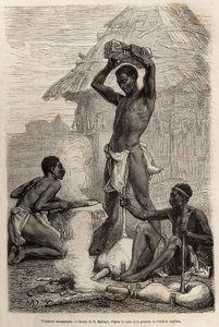 लुआलाबा नदी (वर्तमान कांगो नदी) के किनारे एक गाँव में लेस लोहार मंगन्यास, 1866-1873 में डेविड लिविंगस्टोन की अंतिम डायरी (1813-1873) को चित्रित करते हुए, "" ले टूर में प्रकाशित, डी.मेलार्ड द्वारा एक चित्र के बाद उत्कीर्णन डू मोंडे ”” १८७५, द्वारा द्वारा फ्रेंच स्कूल