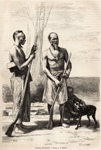 Les chasseurs montagnards de l'île Formoose, 1870-1872 में जे. थॉम्पसन द्वारा चीन की यात्रा का चित्रण करते हुए, डी. माइलर्ड द्वारा एक चित्र के बाद उत्कीर्णन, एडौर्ड द्वारा संपादित "" ले टूर डू मोंडे "" 1875 में प्रकाशित हुआ। चार्टन, द्वारा फ्रेंच स्कूल