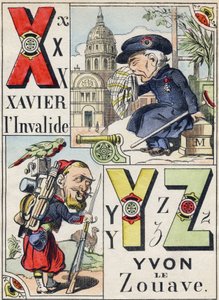 पत्र XYZ: जेवियर द इनवैलिड और यवोन द ज़ौवे। "कॉमिक मिलिट्री अल्फाबेट" में उत्कीर्णन। पांचवीं श्रृंखला। एपिनल इमेजिंग। पेलेरिन एंड सी, प्रिंटर्स, एपिनल, 19वीं सदी के अंत में। 16 पृष्ठ। मंद: 25x18,5cm द्वारा फ्रेंच स्कूल