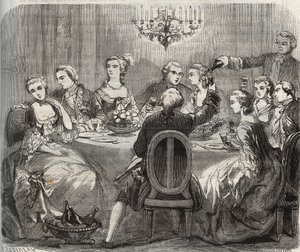 स्वतंत्रता: क्रिश्चियन VII (1749-1808), डेनमार्क और नॉर्वे के राजा, नर्तकी मैरी मेडेलीन गुइमार्ड (1743-1816) द्वारा पैंटिन के अपने घर में आयोजित एक स्वतंत्रता भोज के दौरान। हेनरी डी कॉक (1819-18) द्वारा "हिस्टोइरे डेस कोकस सेलेब्रेस" में 1871 से  द्वारा फ्रेंच स्कूल
