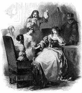 साहित्यिक सैलून: ऐनी मैरी लुईस डी'ऑरलियन्स डी मोंटपेंसियर (1627-1693) के दरबार में कवि जीन रेनॉड डी सेग्रिस (1624-1701)। 1856 से उत्कीर्णन। द्वारा फ्रेंच स्कूल