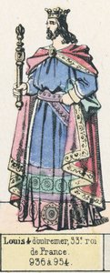 लुई ४ विदेश से, फ्रांस के ३३वें राजा, ९३६ से ९५४ (रंगीन उत्कीर्णन) द्वारा फ्रेंच स्कूल