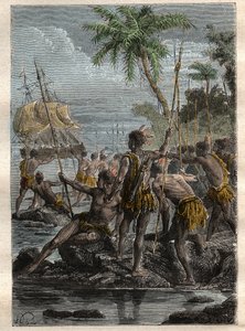 लुई एंटोनी, काउंट ऑफ बोगनविले (1729-1811) 1768 में इले डेस लैंसिस (फ्रेंच पोलिनेशिया) पहुंचे - "द ग्रैंड्स मेरिनर्स ऑफ द 18वीं सेंचुरी" से लिया गया चित्रण द्वारा फ्रेंच स्कूल