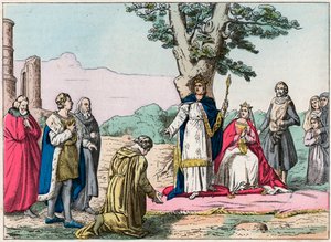 लुई IX, dit "सेंट-लुई" (1214-1270) Bois de Vincennes में अपने सभी विषयों को न्याय प्रदान करता है - सेंट लुइस (1214-1270) न्याय प्रदान करता है - "Nos Gires Nationales" में 19 वीं शताब्दी के अंत का उत्कीर्णन - चित्र और पाठ "" द्वारा फ्रेंच स्कूल