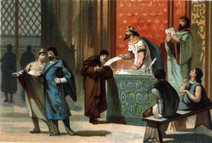 लुई VI dit Le Gros (1081-1137) ने कम्यून्स के डाक चार्टर दिए। 1890 के आसपास क्रोमोलिथोग्राफी। द्वारा फ्रेंच स्कूल