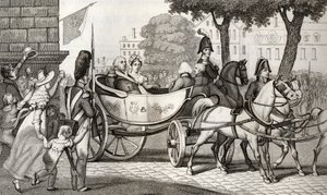 लुइस XVIII (1755-1824) 1814 की बहाली में पेरिस में प्रवेश करता है, जिसे कोल्ट द्वारा &39;हिस्टोइरे डी फ्रांस&39; से प्रकाशित किया गया है, c.1840 प्रकाशित द्वारा फ्रेंच स्कूल