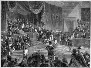 लुई XVIII और संवैधानिक राजशाही की स्थापना - 4 जून 1814 का संवैधानिक चार्टर - लुई XVIII ने 4 जून 1814 को पेरिस के पालिस बॉर्बन में चैंबर्स के सत्र के उद्घाटन की अध्यक्षता की - "हिस्टोइरे डे ल'एम्पायर सूट में द्वारा फ्रेंच स्कूल