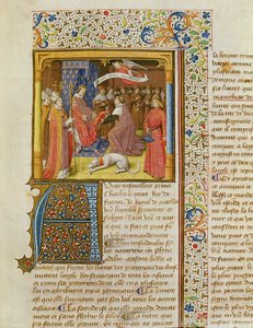 MS 246 f.1r Raoul de Presles सेंट ऑगस्टीन द्वारा La Cite de Dieu से चार्ल्स V (1338-80) को अपना अनुवाद प्रस्तुत करते हुए, Raoul de Presles (1316-82) c.1400-50 द्वारा अनुवादित। द्वारा फ्रेंच स्कूल